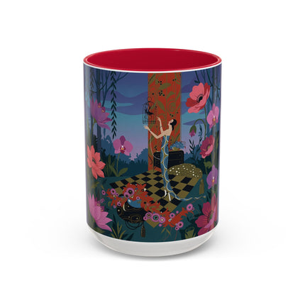 The Lady And The Midnight Birdcage Colorful Mugs – Art Deco Botanical Elegance