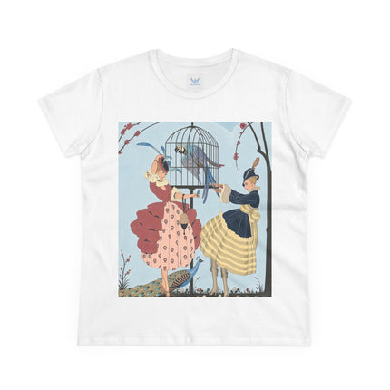 🦚🦜 The Ladies Of The Garden Aviary Cotton Tee – Art Deco Bird Fantasy
