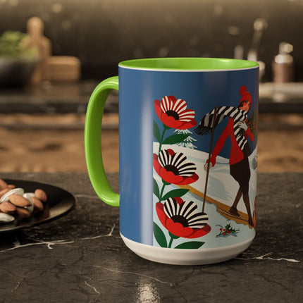 🎿🎄 The Christmas Holly Skier Colorful Mug – Whimsical Holiday Fantasy