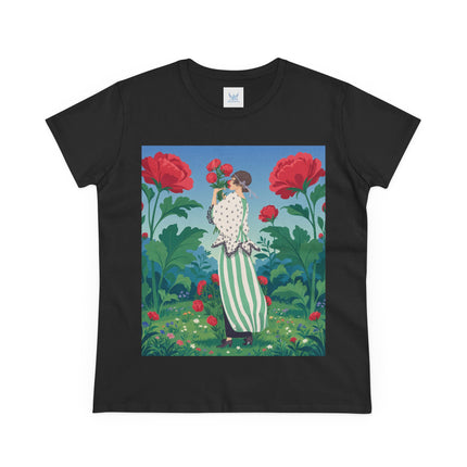 🌹🌿 The Scarlet Rose Garden Cotton Tee – Art Deco Floral Whimsy