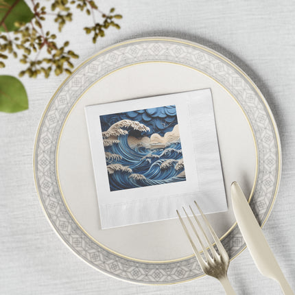 Dramatic Ocean with Crashing Waves White Coined Napkins
