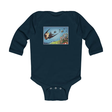 Flight of Serenity Baby Long Sleeve Bodysuit – Vintage Swallows & Peaceful Sky Journey