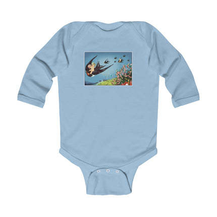 Flight of Serenity Baby Long Sleeve Bodysuit – Vintage Swallows & Peaceful Sky Journey
