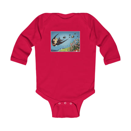 Flight of Serenity Baby Long Sleeve Bodysuit – Vintage Swallows & Peaceful Sky Journey