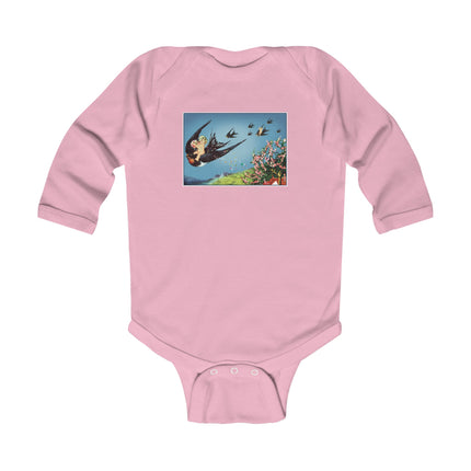 Flight of Serenity Baby Long Sleeve Bodysuit – Vintage Swallows & Peaceful Sky Journey