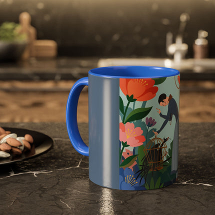 The Lady And The Mysterious Bird Colorful Mugs – Art Deco Botanical Mystery