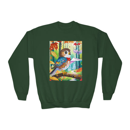 Baby Hawk Plays in Forest Youth Crewneck Sweatshirt – Woodland Wonder & Playful Discovery