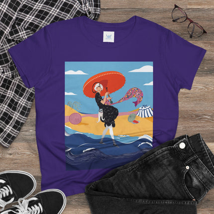 Beachside Promenade Women's Midweight Cotton Tee – Summer Glamour & Coastal Joy