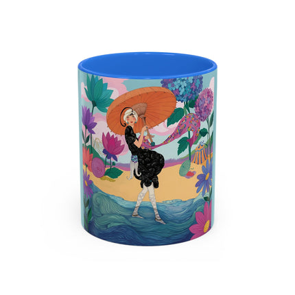 The Lady Of The Coral Parasol Colorful Mugs – Art Deco Coastal Elegance