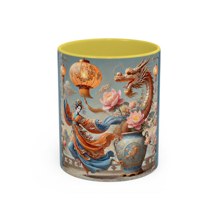 Golden Dragon & Lantern Lady Colorful Mug – Imperial Dragon & Elegant Harmony