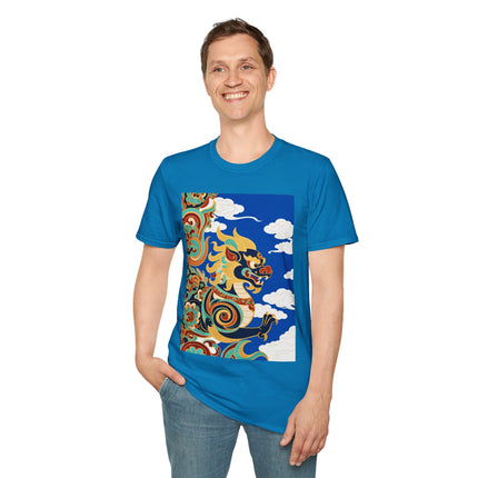 🦁☁️ The Celestial Snow Lion Softstyle T-Shirt – Tibetan Mythical Guardian & Sacred Clouds