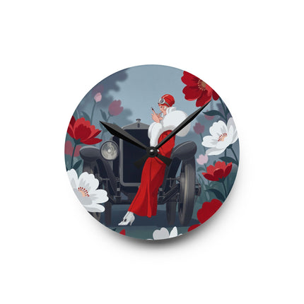 🚗🌺 The Lady Of The Scarlet Roadster Acrylic Wall Clock – Art Deco Motoring Elegance