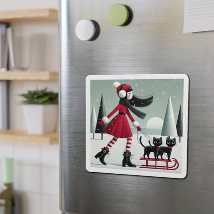 Red Sled & Curious Cats Die-Cut Magnets (5 Sizes)