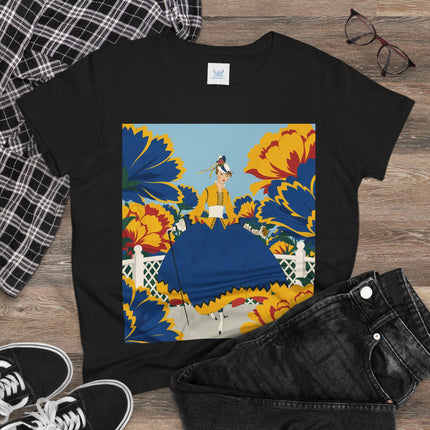💙🌼 The Golden Petal Promenade Cotton Tee – Art Deco Floral Elegance