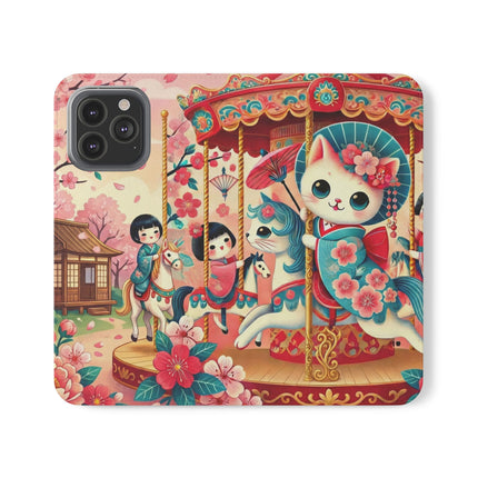🎠🌸 Geisha Kitten's Enchanted Carousel Flip Case – Whimsical Dreams & Cherry Blossom Magic