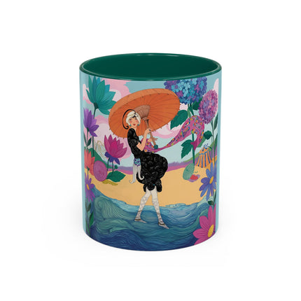 The Lady Of The Coral Parasol Colorful Mugs – Art Deco Coastal Elegance