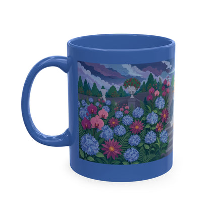 🦚🌸 The Lady & The Peacock On The Garden Steps Ceramic Mug – Art Deco Garden Elegance