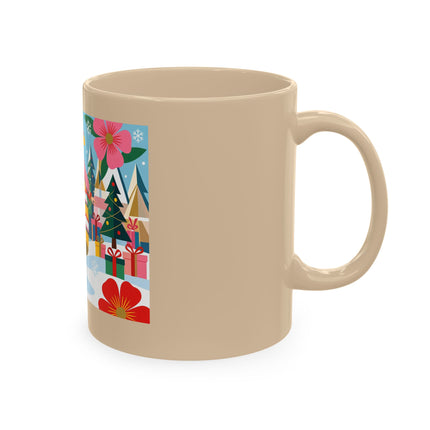 🎄🌸 The Lady Of The Striped Christmas Garden Ceramic Mug – Art Deco Holiday Whimsy