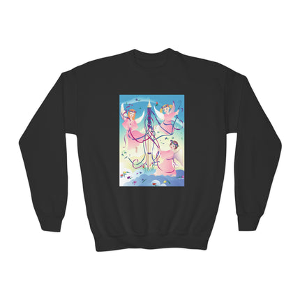 Angelic Revelry Youth Crewneck Sweatshirt – Celestial Joy & Whimsical Wonder
