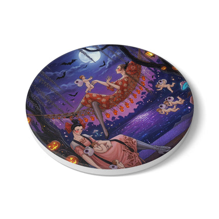 🌙🎃 Moonlit Mischief In The Pumpkin Grove Ceramic Coaster – Whimsical Halloween Fantasy