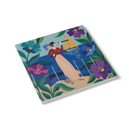 🌊🔭 The Lady Of The Seaside Lookout Ceramic Coaster – Art Deco Nautical Adventure