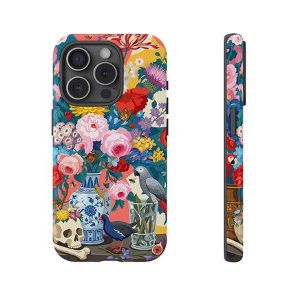 Floral Vanitas Phone Case – Parrot & Porcelain Splendor