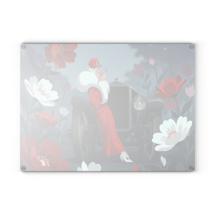 🚗🌺 The Lady Of The Scarlet Roadster Glass Cutting Board – Art Deco Motoring Elegance
