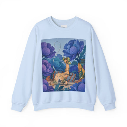 💙🌸 The Lady Among The Blue Blossoms Crewneck Sweatshirt – Art Deco Floral Reverie