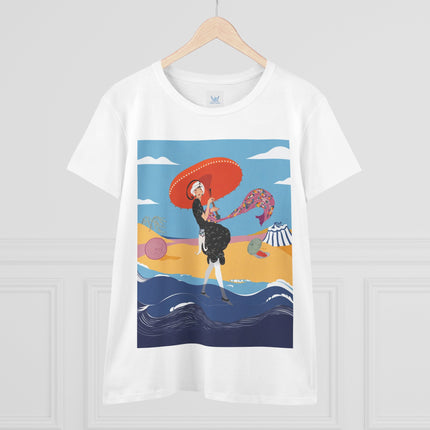 Beachside Promenade Women's Midweight Cotton Tee – Summer Glamour & Coastal Joy