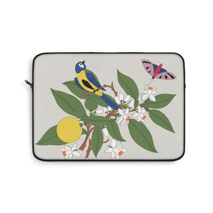 Blue Tit & Butterfly Laptop Sleeve – Elegant Charm & Springtime Grace