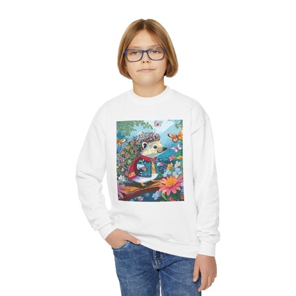 Cute Hedgehog Youth Crewneck Sweatshirt – Garden Adventure & Whimsical Charm