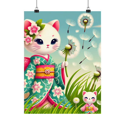 🌾🌼 Geisha Kitten and the Dandelion Wish Matte Vertical Poster – Gentle Wishes & Quiet Wonder