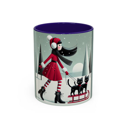 Red Sled & Curious Cats Colorful Mugs (11oz, 15oz)