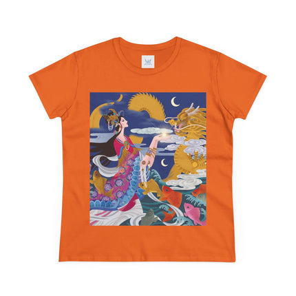 Dragon Pearl Offering Women's Midweight Cotton Tee – Mystical Fantasy & Golden Grace