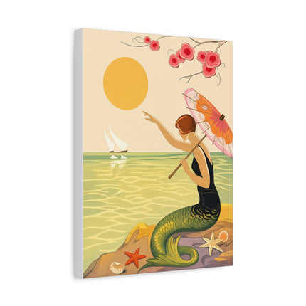 🧜‍♀️☂️ The Mermaid With The Parasol Matte Canvas – Art Deco Seaside Fantasy