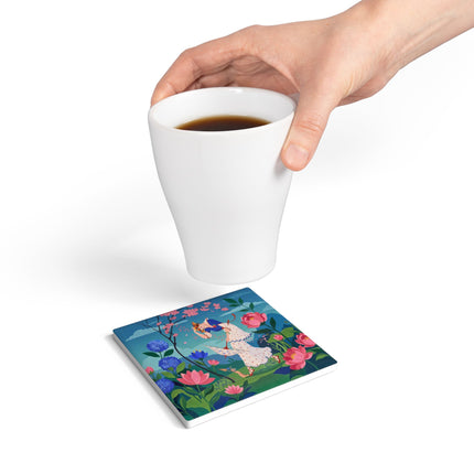 🌸☂️ The Lady Of The Falling Blossoms Ceramic Coaster – Art Deco Garden Whimsy