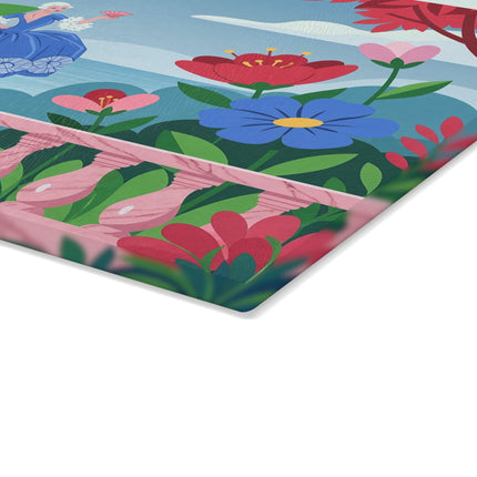 🌸💙 The Lady Of The Garden Terrace Glass Cutting Board – Art Deco Floral Fashion Elegance