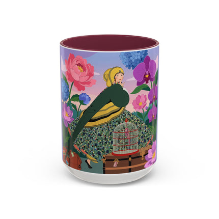 The Lady And The Crimson Birdcage Colorful Mugs – Art Deco Tropical Garden Elegance
