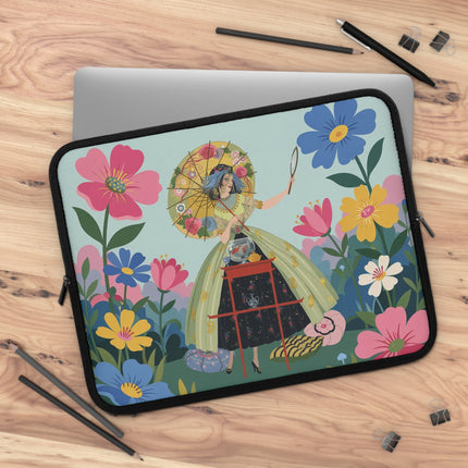 🌸🪞 The Lady Of The Flowered Parasol Laptop Sleeve – Art Deco Garden Fantasy