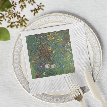 Farm Garden with Sunflowers by Gustav Klimt White Coined Napkins