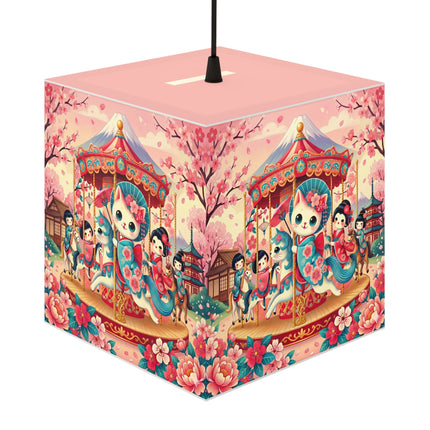 🎠🌸 Geisha Kitten's Enchanted Carousel Ride Light Cube Lamp – Whimsical Dreams & Cherry Blossom Magic