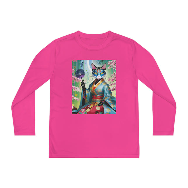 Cyberpunk Geisha Youth Long Sleeve Competitor Tee – Neon Elegance & Futuristic Fantasy