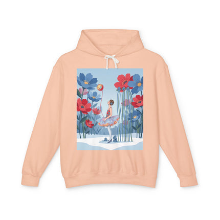 🌸❄️ Winter Flower Girl Unisex Lightweight Hooded Sweatshirt – Art Deco Floral Fantasy