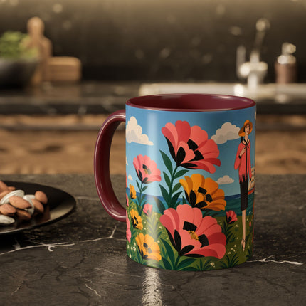 🌸⛵ The Seaside Blossom Promenade Colorful Mug – Art Deco Coastal Elegance