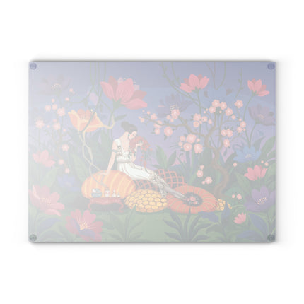 🌺🌙 The Lady Of The Midnight Blossom Garden Glass Cutting Board – Art Deco Floral Elegance