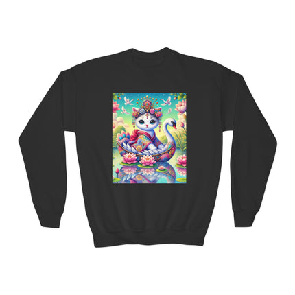 Geisha Kitten’s River Voyage Youth Crewneck Sweatshirt – Grace, Adventure & Storybook Charm