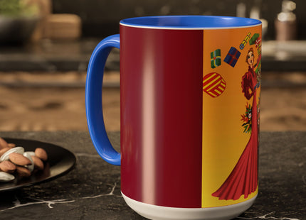 Elegant Holiday Woman with Gifts Colorful Mugs (11oz, 15oz)