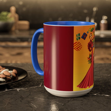 Elegant Holiday Woman with Gifts Colorful Mugs (11oz, 15oz)