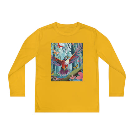 A Colorful Raptor Youth Long Sleeve Competitor Tee – Dino Adventure & Forest Wonder