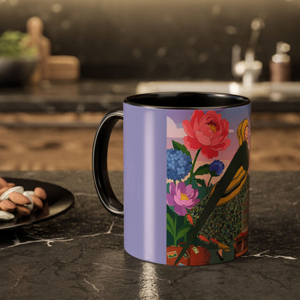 The Lady And The Crimson Birdcage Colorful Mugs – Art Deco Tropical Garden Elegance